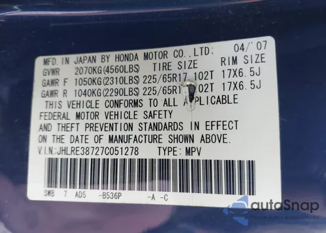 2007 Honda Cr-V Ex-L z USA, uszkodzony, nr VIN JHLRE38727C051278